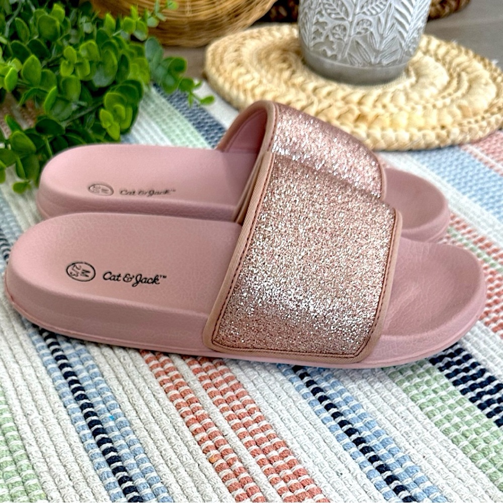 New Cat & Jack Girls Rose Pink Glitter Slide Sandals Size Medium 2/3